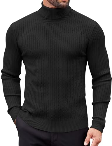 COOFANDY Suéter de Cuello Alto para Hombre, suéter de Invierno de Manga Larga de Punto Fino, suéter de Cuello Alto Ajustado, Negro, L