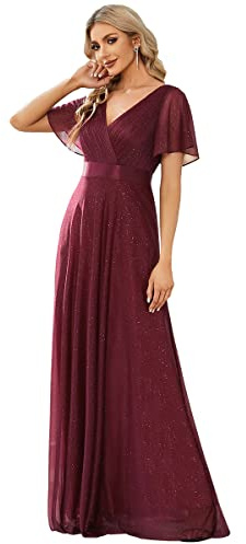 Ever-Pretty Women's V-Neck Long Shimmer Flutter Sleeve Pleated Evening Dress for Bridesmaid Burgundy 10