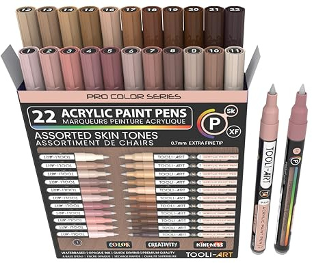 Acrylic Paint Pens 22 Skin Tones Assorted Pro Colour Series Markers Set 0.7mm Extra Fine Tip for Rock Painting, Glass, Mugs, Wood, Metal, Canvas, Projects, Non Toxic, Waterbased, Quick Drying
