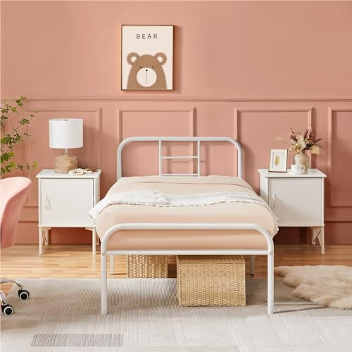 Yaheetech Cama de Metal de 90x200cm Estructura de Cama Individual con Cabecero Curvo Carga de 200kg Cómoda Moderna Blanco