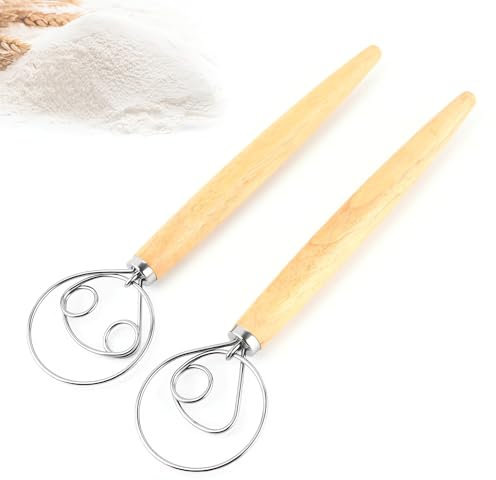 Fruste da cucina, 2 Pezzi Frusta Danese, Frusta a Mano Professionale, Manico in Legno Mixer, Inossidabile Acciaio Impasto Frusta Miscelatore, Attrezzi Cucina, per Pane, Pasticceria, Impasto Pizza