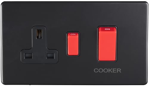 45A DP Oven Cooker Switch & Single 13A Switched Socket SCREWLESS MATT BLACK - Decorative Double Pole Appliance Wall Plate
