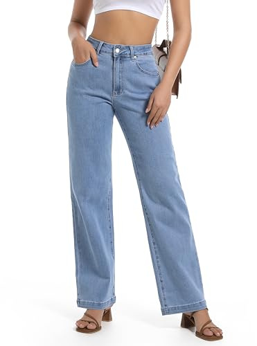 Guaile Jean pour femme taille haute à jambe droite, extensible, tendance, jambe large, gainant, pantalon ample décontracté en denim, bleu, 42