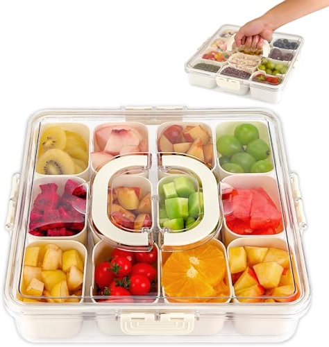 Plateau De Service Divisé Avec Couvercle, Snack Box avec 12 Compartiment séparé amovible, snack box avec poignée, Bol à Collation Plateaux à Compartiments pour Bonbons, Noix, Bonbons, Fruits, Épices