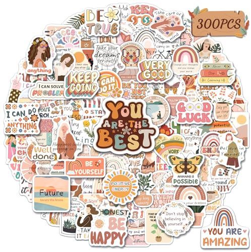 STKJoviale 300PCS Vintage Inspirational Stickers, Boho Motivational Quote Stickers for Kids Women Adults, Encouraging Positive Affirmation Sticker for Water Bottle Laptop Journal