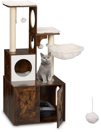 Relaxdays Kratzbaum mit Katzenkloschrank, HBT 128x95x52 cm, Sisalstämme & Liegemulde, Industrial, Katzenturm, braun-weiß