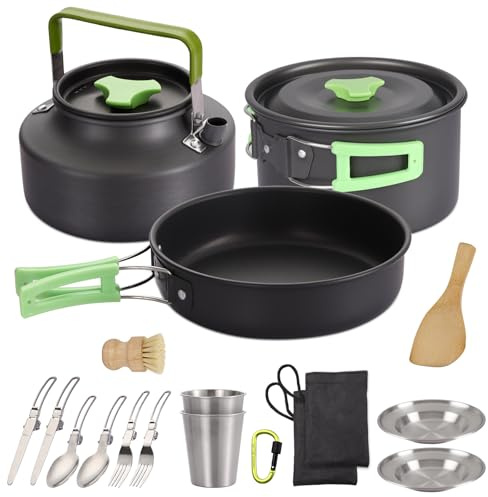 PELLOR 17PCS Camping Cookware Set Aluminium Camping Cookware Kit Protable Cooking Mess Kit with Stainless Steel Cups Plates Forks Knives Spoons for Camping Hiking Picnic, Backpacking, Outdoor Cooking