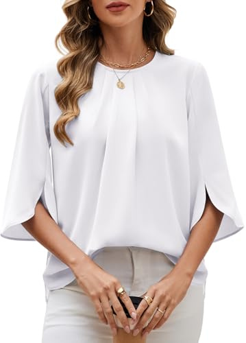 PASUDA Camicia Donna Elegante Manica a 3/4 Top Blusa a Girocollo in Chiffon Casual Camicetta Estiva Tinta Unita Manicotto Split Maglietta da Lavoro (Bianco, S)