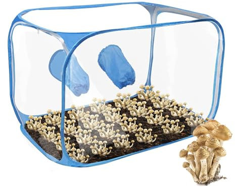 Still Air Box, Tente de Culture de Champignons, Boîte de Culture de Champignons avec 2 Ports à Bras, Kit de Culture de Champignons Portable Pliable en PVC pour Les Amateurs de Champignons (Bleu)