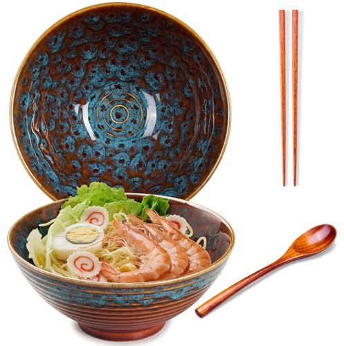 Ceraozmus Ceramic Ramen Bowls - 40 oz - 20cm - With Spoon and Chopsticks for Ramen Soup Pho Udon Asian Noodles, Large Noodle Bowls (Cat's eye glaze)