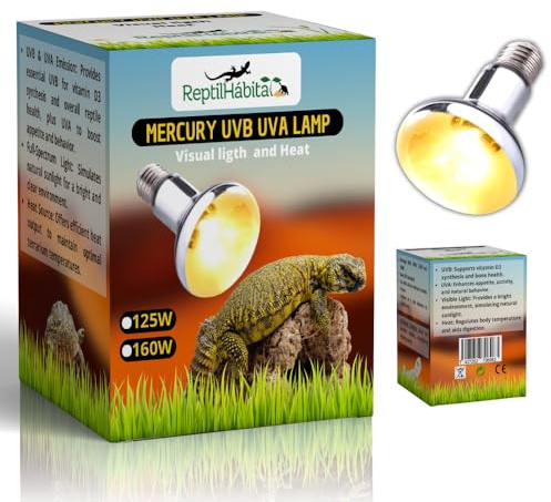 ReptilHábitat - Bombilla UVB UVA con Calor para Reptiles 80W, 100W, 125W y 160W – Lámpara Vapor de Mercurio Todo en Uno para Terrarios – Luz Solar Artificial con Protección Térmica (160W)