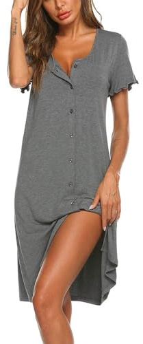 Huucozn Chemise de Nuit Femme Nuisette à Manches Courtes Manche Courte Vêtements de Nuit Bouton Robe de Nuit Court Ete Col en V Manches Courtes Robe de Nuit Grossesse Bouton Sexy Vêtements de Nuit