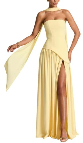 ORANDESIGNE Vestito Donna Estivo Vestiti Senza Spalline Maxi Abito Elegante Cerimonia Abiti Curvy Lunghi Tubino con Spacco e Sciarpa A Giallo S