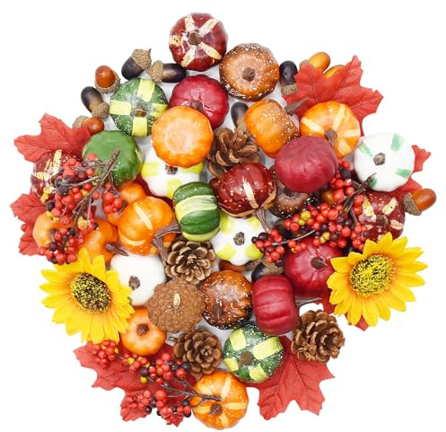 Yiomxhi 68 Pièces Citrouilles Décoration d'automne avec Citrouilles Artificielles, Glands, Feuilles d'érable, Pommes Pin, Tournesol, Baies, Récolte Maison Table Deco pour Halloween Thanksgiving