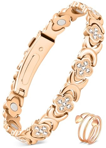 Feraco Pure Copper Bracelets & Rings for Women, Ultra Strength Magnetic Bracelet for Women with Neodymium Magnets & Sparkling Cubic Zirconia, Adjustable, Infinite Clover Jewelry (Rose Gold)