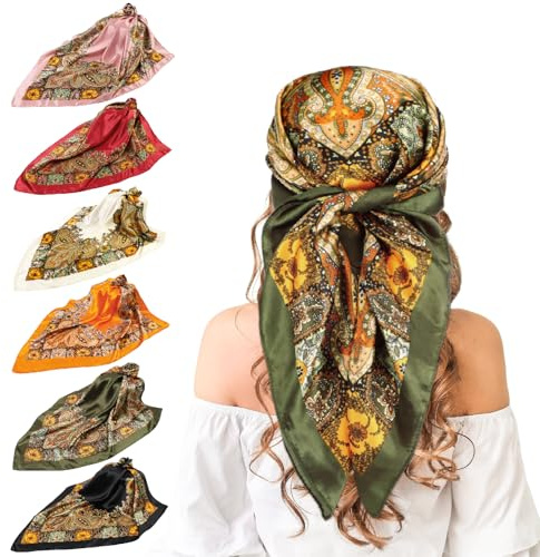 Meng Jiaran 6 Pack Large Square Satin Head Hair Scarf Bandana for Women | Like Silk Hair Silk Bandana Satin,Headscarf Squares Hair Towel Tie Scarf Neck Scarves Hair Wrap