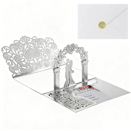 UZYXC Biglietto Auguri Matrimonio 3D Pop-Up in Argento, Biglietto Portasoldi con Busta per Nozze, Invito di Nozze Elegante per Sposi, Ricordo per Anniversaire (1 Pezzo)