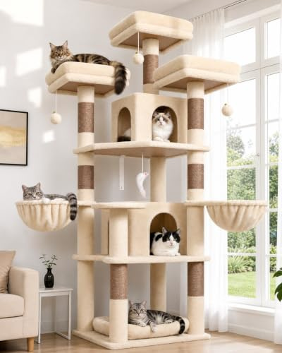 Globlazer Beige klösträd, stabilt 174 cm med 3 vadderade sittstänger, 2 katthus, 2 korgar, avtagbar husdjurssäng, sisalstammar, lås, kattträd för 2–4 vuxna katter inomhus (F68B, beige)
