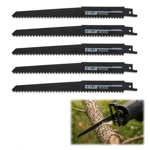 Juego de 5 Hojas de Sierra Sable 200mm para Madera, 6 TPI Dientes para Corte Rápido, Negro, Acero Bimetal Resistente