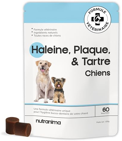 Nutranima Haleine, plack och tandsten för hundar | tandhygien och frisk andedräkt | Tång, jäst, persilja och grönt teextrakt | tandtillskott | 60 bitar | fransk veterinärformel