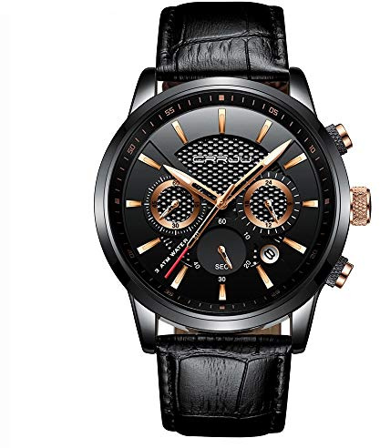 CRRJU Men Fashion Casual Black Leather Auto Date Analog Quartz Wristwatches