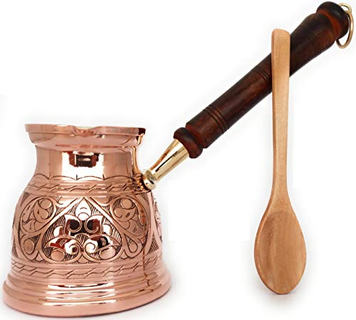 DEDE Copper - IST Series (XLarge-16.9 floz) - Thickest Solid Copper Engraved Turkish Greek Arabic Coffee Pot with Wooden Handle, Stovetop Coffee Maker Cezve, Jezve, Jazva, Jazzve, Ibrik, Briki (Shiny)
