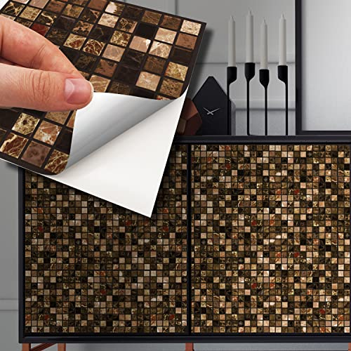 WALPLUS 15cm (6) Metallic Brown Marble Mosaic Wall Tile Stickers – Pack of 24 Peel and Stick Self-Adhesive Tiles for Kitchen, Bathroom, Backsplash, and Tile Makeover