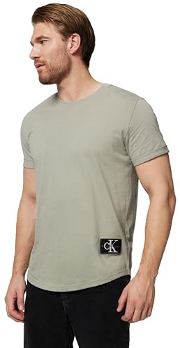 Calvin Klein Men's Badge Short Turn Up Sleeve Round Neck T-Shirt, Beige (Elephant Skin), S