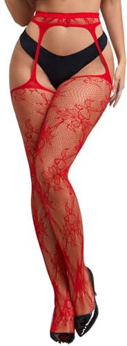 ohyeahlady Womens Lace Suspender Tights Plus Size Thigh High Stockings Stretchy Fishnet Tights Box Package Pantyhose for Women Black L-XXL