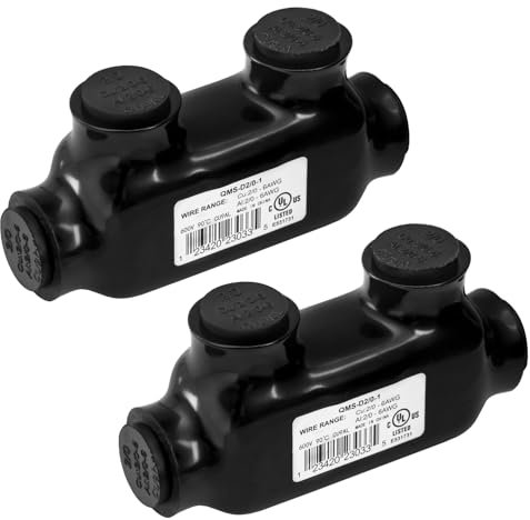 Heschen 2 Pcs Insulated Multi-Tap Connectors, 2/0-6 AWG, 2 Port, Rated Up to 600V, Dual Sided Entry Cable Splicers, Electrical Power Wire Terminal Connectors, QMS-D2/0-1