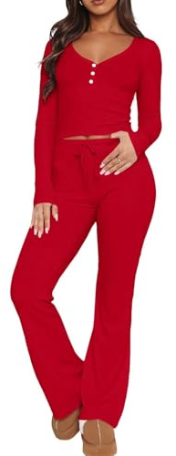 Set di pigiami da donna LACOZY 2 pezzi Set da allenamento sexy a maniche lunghe Set da lounge casual con scollo a V per palestra e yoga, Rosso, S