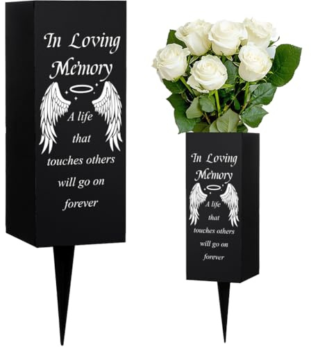 WEBEEDY Jarrones de cementerio para tumba con pinchos, patrón de alas de ángel, jarrones de metal para tumbas, decoración de recuerdo para cementerio, funeral, día conmemorativo, feliz cumpleaños