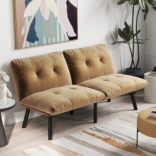 Bladez Sofá-cama plegable gris, futón de 2 plazas con función de dormir, cama de invitados que ahorra espacio, montaje inmediato sin herramientas, tela de terciopelo (marrón + espuma, hierro + metal +