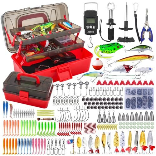 VeftBltrem Set di accessori da pesca, 314 pezzi, valigetta da pesca con 3 scomparti, ampio set da pesca con esche, ganci, pinze, bilancia e strumenti, regalo ideale per principianti e bambini