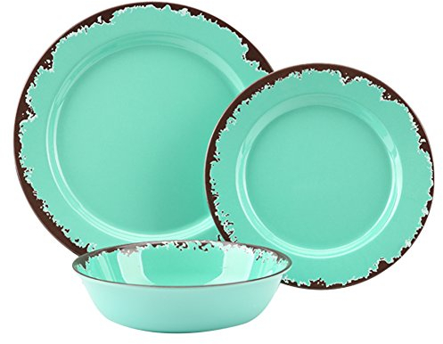 Rustic Melamine Dinnerware Set,12-Piece Plates and Bowls Sets,Yinshine Unbreakable Melamine Dish Set,Lightweight,Service for 4,Dishwasher Safe,Green