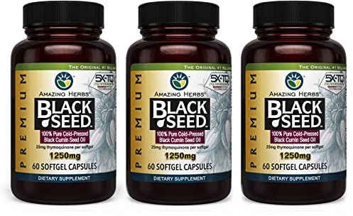 Amazing Herbs Premium Black Seed Oil Capsules - High Potency, Cold Pressed Nigella Sativa Aids in Digestive Health, Immune Support & Brain Function - 60 Count, 1250mg (Pack of 3)