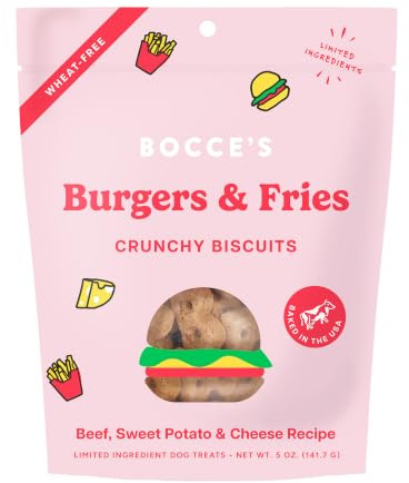 Bocce's Bakery Burgers & Fries Flavor Crunchy Biscuits Dog Treats, 5 oz