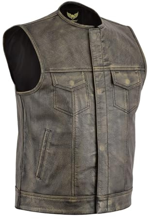 Leatherick Gilet de motard à grain supérieur pour hommes en détresse sans col marron pour l'équitation et la mode coupe de style (FR/ES, Numérique, 46, Taille normale, Taille normale)