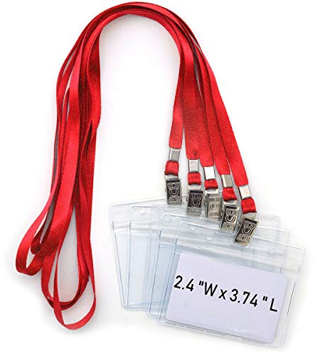 Bird Fiy Lanyards with id Holder Name Badges 50 Pcs Waterproof Type Clear Plastic Horizontal Name Tag Badge Id Card and 50 Pcs Lanyard (Red)