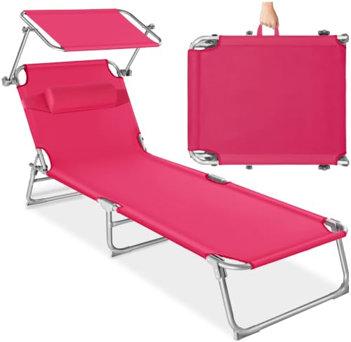 tectake® Tumbona 190x68x111 cm, Plegable, Ajustable en 4 Posiciones, Resistente a Intemperie, Transpirable, con Toldo, Reposacabezas y Asa de Transporte; Tumbona para Jardín, Piscina y Terraza - Rosa