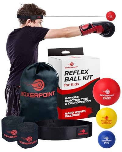 BOXERPOINT Reflexball Set Kinder & Jugendliche - Boxball mit 3 Reaktionsbällen (Easy/Medium/Pro) - Box-Training, Koordination & Schnelligkeit, (inkl. Bandagen)