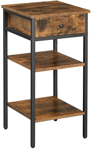 VASAGLE LET502B01 Bedside Table, End of Sofa, Side Table, Night Table, High Table, with Drawer and 2 Storage Shelves, Space Saving, Industrial Style, Rustic Brown and Black