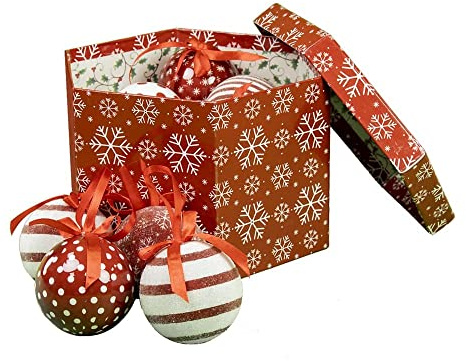 The Christmas Workshop Set of 14 Christmas Baubles/Various Festive Designs/Gift Boxed Christmas Tree Decorations / 7.5cm Diameter Baubles (Red & White Snowflake)