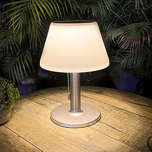 pearlstar LED Solar Table Lamp Desk Lamp White Night Lights Outdoor Decorative Table Lights with Pull Chain for Outside Patio Garden Bedroom Living Room (White -3 Lighting Modes)