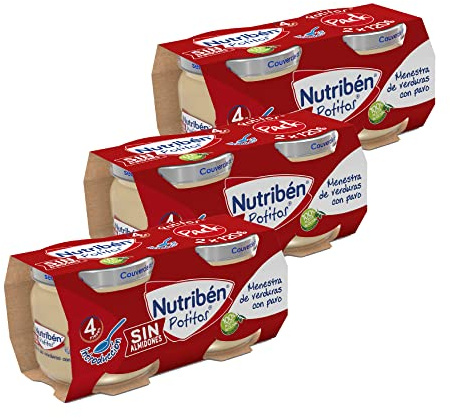 Nutribén Potitos | Tarrito Introducción de Menestra de Verduras con Pavo | Para Bebés a partir de 4 Meses | Sin Almidones | Sin Azúcares Añadidos | Sin Gluten | 3 Packs de 2 Unidades de 120g | 720g