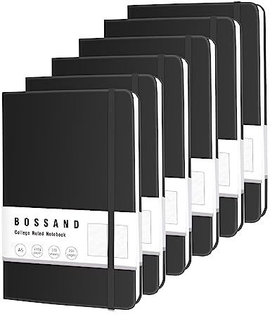 BOSSAND Lined Journal Notebooks, 6 Pack A5 Journals for Writing, 200 Pages 100 GSM Thick College Ruled Paper, Hardcover, 8.25 inches x 5.75 inches, Black