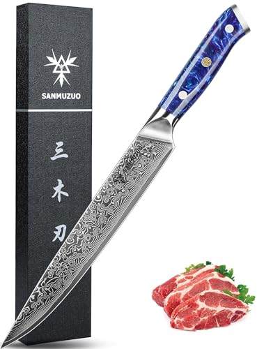 SANMUZUO Coltello per Affettare Carne Coltelli da Intaglio 23cm Coltello da Carne Professionale Acciaio Damasco Coltello da Cucina Impugnatura Resina - Xuan Series(Blu Zaffiro)