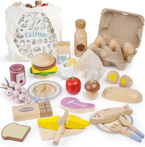 KidMigo Kaufladen Zubehör, 47 Stück Kinderküche Zubehör Holz, Zubehör Kinderküche mit Eiern, Kaufladen Zubehör Holz mit Stoffbeutel, Spielküche mit Klettverschluss, Holzspielzeug ab 3 Jahre
