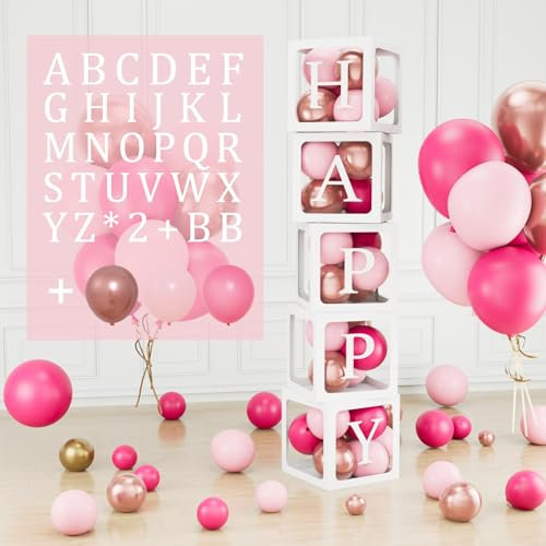 Wayfun 104 piezas de decoración de caja de baby shower para niñas, 5 cajas de globos transparentes con 54 letras (B+A-Z x 2), 45 globos de oro rosa rosa, cajas de globos de bebé para baby shower