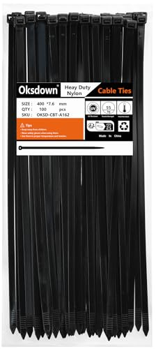 Oksdown 100 Pack Black Thick Cable Ties Heavy Duty Large 400mm×7.6mm Strong Nylon Plastic Self Locking 16 inch/40 cm Long Zip Tie Wraps